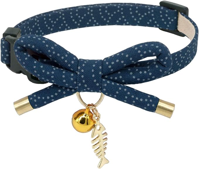 PetSoKoo Cute Bowtie Cat Collar with Bell. Japanese Stylish Bowknot & Fish Charm. Safety Breakaway, Soft, Lightweight, for Girl Boy Male Female Cats Kitten,Navy Blue