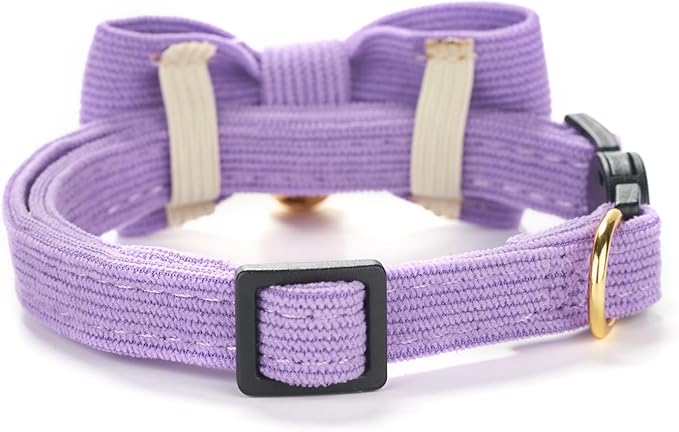 Soft Corduroy Cat Collar with Bell and Bowtie, Safety Breakaway Clasp, Adjustable for Kitten and Cats Purple Color.