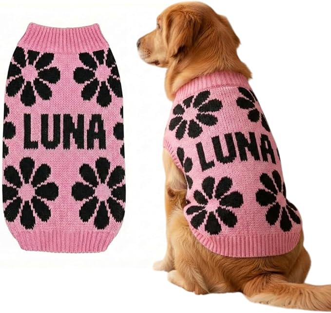 Custom Knit Sweater for Dogs and Cats with Personalized Name, Flower Pattern, Soft Knit Winter Apparel, Ideal for Pet Lovers, Cozy and Stylish Pet Clothing