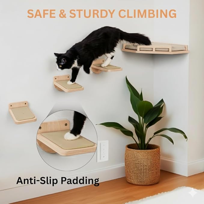INICIO Cat Wall Shelves - Safe and Sturdy Cat Wall Furniture - Stylish Corner Shelf with 3 Steps for Cats up to 15lbs - Cushioned Perch and Stairs for Climbing and Playing - Natural Wood