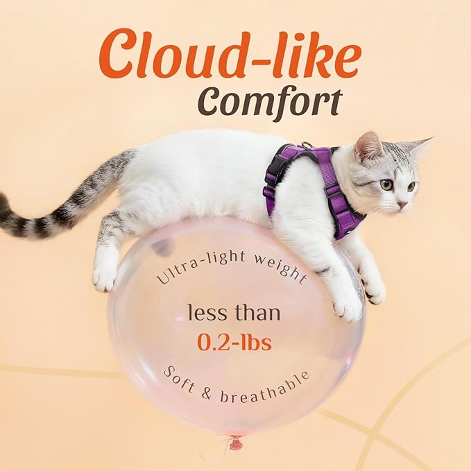Dooradar Cat Harness and Leash Set, Escape Proof Safe Adjustable Kitten Vest Harnesses for Walking, Easy Control Soft Breathable Mesh Jacket with Reflective Strips for Cats, Purple, S