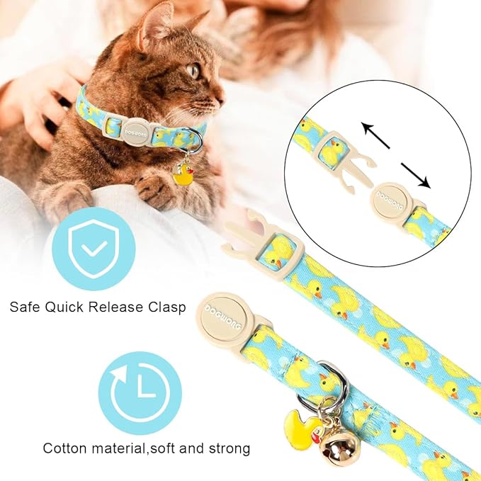 2 Pack Summer Duck Dinosaur Cat Collars Breakaway with Bell, DOGWONG Safety Buckle Duck Cat Collar for Girl Boy Cats，Adjustable 7-12 Inch