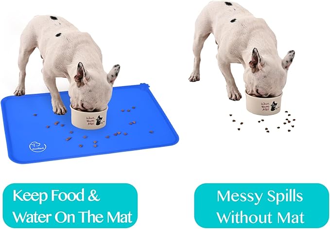 Silicone Waterproof Dog Cat Pet Feeding Mats, Non Slip, Easy Clean Pet Dog Cat Bowl Mats Placemat (18.5" x 11.5") Navy Blue