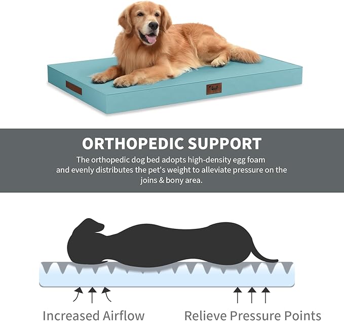 Outdoor Orthopedic Dog Bed, Waterproof Dog Bed for Large Dogs 36x27 Inch, Egg Crate Foam Pet Mat with Washable Removable Oxford Cooling Cover, Light Blue