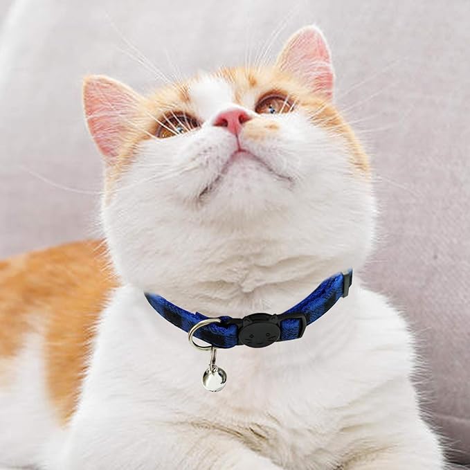 MJIYA Stylish Plaid Cat Collars with Bells - Adjustable Breakaway Kitten Collar (8-12 Inches) - Cute Collar for Girls and Boys - Pet Gift and Accessory（Blue, M
