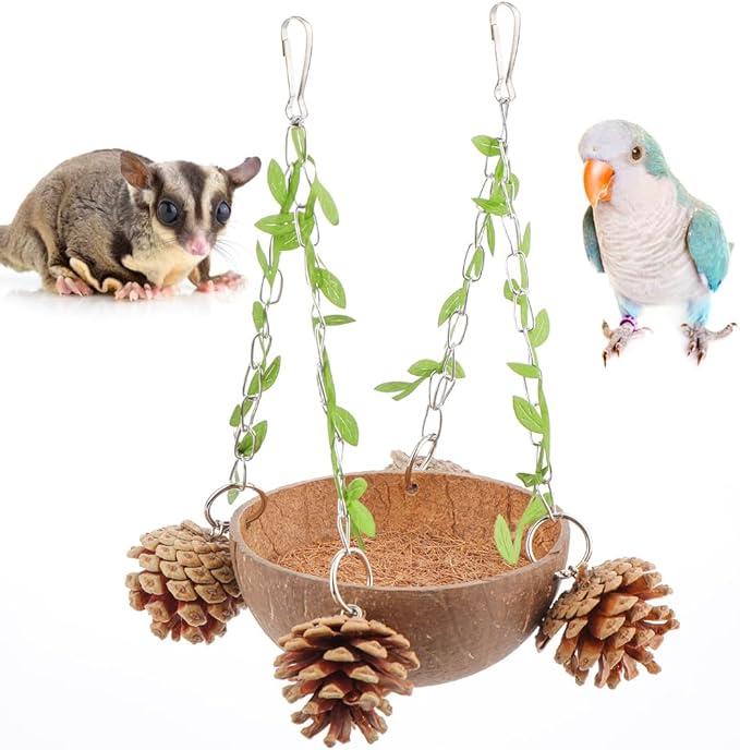 Bird Natural Coconut Nest Sugar Glider Hanging Swing Toy with Coconut Fiber Mat for Small Bird Parrot Parakeet Sugar Glider