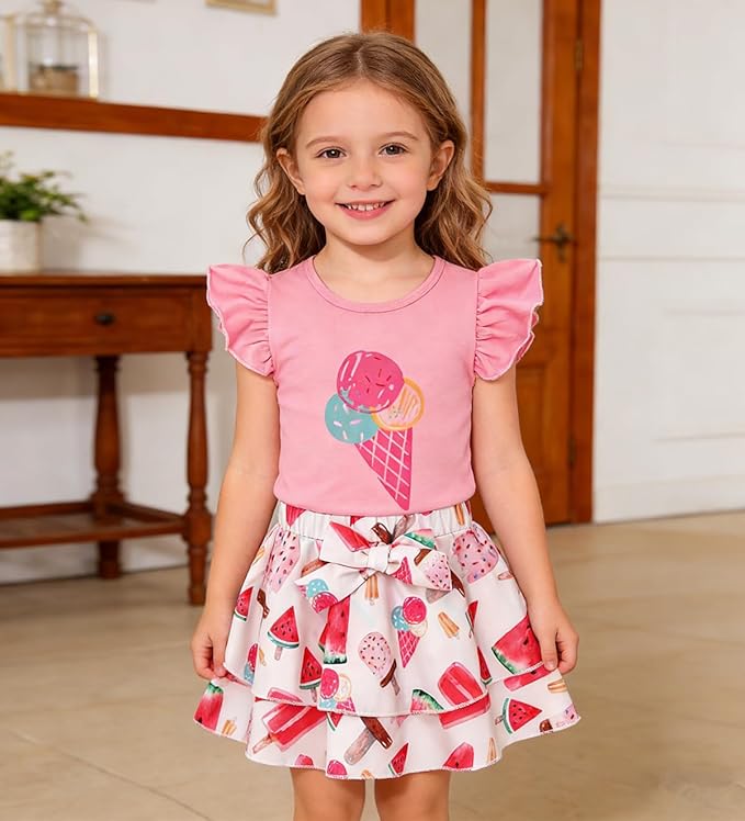 Girls Skirt Set 2 Piece Outfit Toddler Summer Clothes Ruffle Sleeve T-Shirt Bow Knot Tutu Skirt Outfit Set
