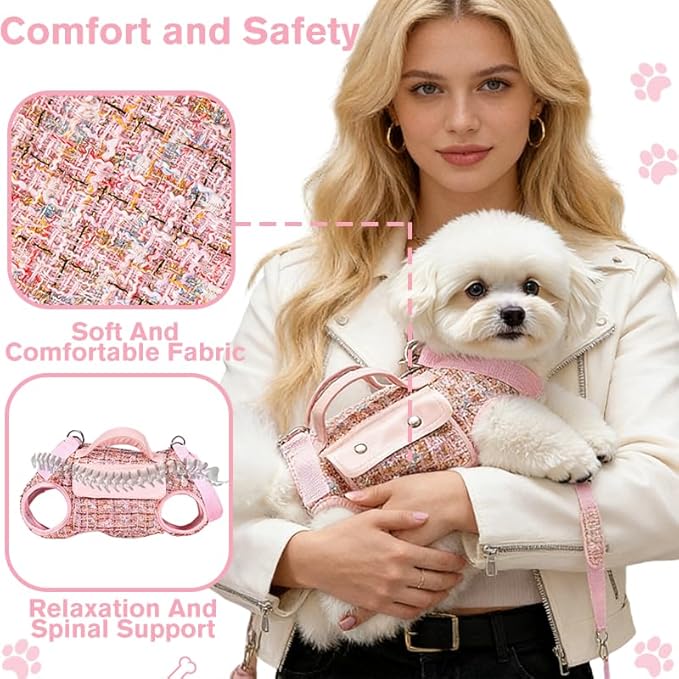 Dog Lift Harness Backpack for Small Dogs Cats, Adjustable Straps Dog Sling Carrier Full Body for Hiking, Travel, Outdoor – Pink Medium