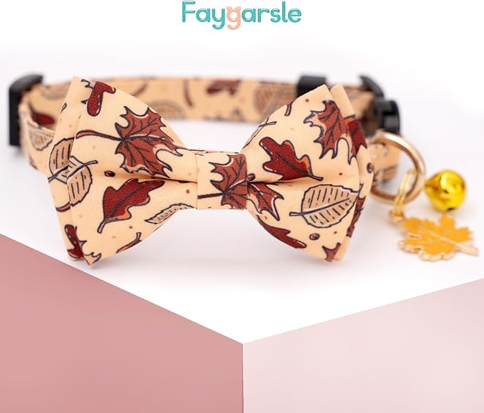 Faygarsle 2 Pack Breakaway Fall Cat Collars with Bow - Boy & Girl - Orange - Autumn Pumpkin Leaf Pattern - Soft Collar - Seasonal Cat Necklace