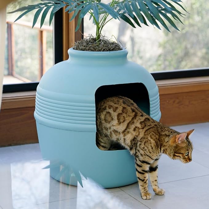 Good Pet Stuff Hidden Litter Box Planter, Decorative Cat Litter Enclosure with Carbon Filter, Artificial Plant, Easy Clean, Improved Design, Round Style, Base Kit, Coastal Blue
