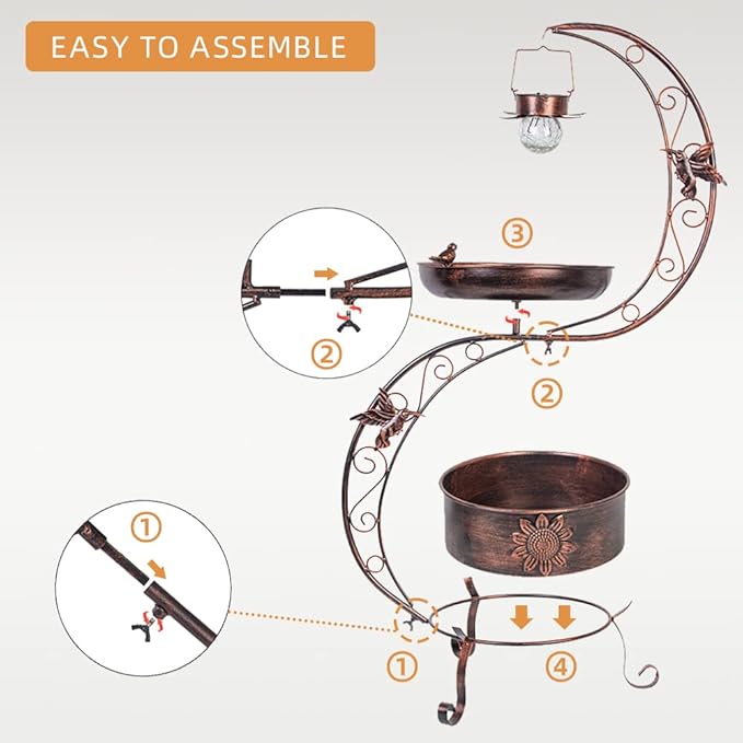 VEWOGARDEN S Bird Baths for Outdoors Metal Standing Bird Bath with Solar Lamp Vintage Garden Birdbaths with Flower Planter Pedestal(36" H * 19.6" W)