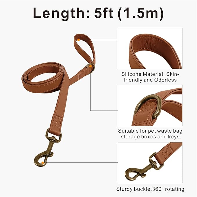 Dog Collar and Leash Set,Leather Silicone Waterproof Odor-Proof Dog Collar and Leash for Small Dogs, Soft Flexible Dog Collars, Durable Thick Adjustable Pet Collar (Brown, Small (9-14" Neck))