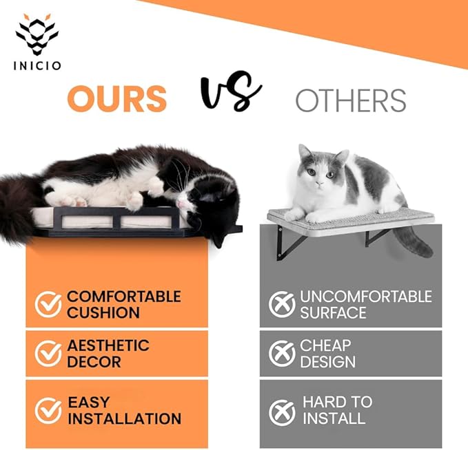 INICIO Cat Wall Shelves - Safe and Sturdy Cat Wall Furniture - Stylish Natural Wood Corner Shelf with 3 Steps for Cats up to 15lbs - Cushioned Perch and Stairs for Climbing and Playing - Black