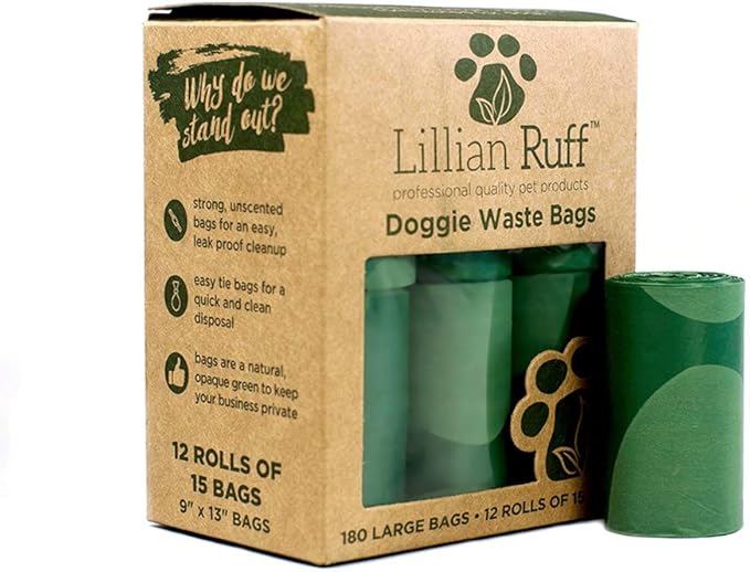 Lillian Ruff Doggie Bags for Poop - 12 Rolls of 13 x 9 Inch Extra Thick Leak Proof Unscented Dog Poop Bags - 15 Waste Bags Per Roll Total of 180 Easy to Open Doggy Bags