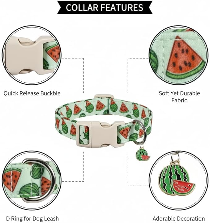 Summer Dog Collar for Large Dogs, Cute Dog Collar with Watermelon Pattern and Pendant, Green Pet Collar with Soft Cotton Fabric and Robust Buckle