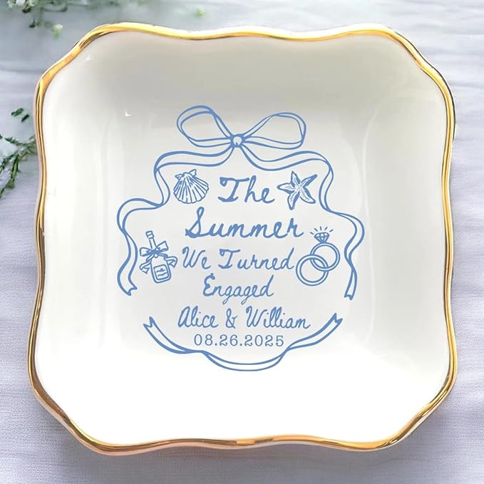 Personalized Ring Dish Engagement Gift, Whimsical Doodle Engaged Ring Holder, Custom Wedding Jewelry Dish, Jewelry Tray Gifts for Newly Engaged Couple Her Bride Wife Bestie