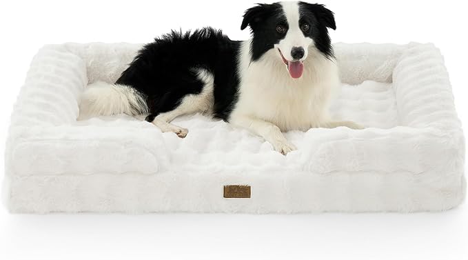 Orthopedic Dog Bed for Extra Large Dog, Soft and Warm Faux Fur Sofa for Giant Pet Up to 150 lbs, Foam Bolster Anti-Slip Couch with Washable Removable Cover, XXL 48x35x8 inch, Beige