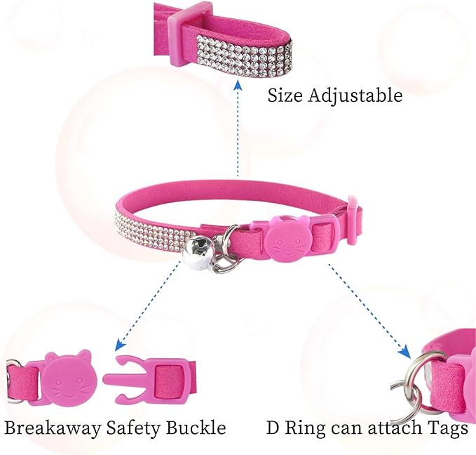 Rhinestone Cat Collar Breakaway with Bell Safety Buckle, Adjustable Diamond Girl Boy Kitty Cute Comfy Collar for Kitten Tiny Little Pets Rabbits, 6"-9" Hotpink Extra Small