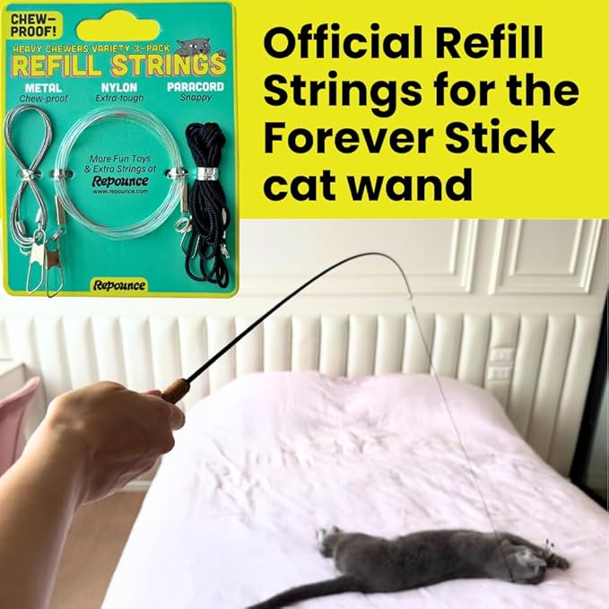 Replacement Strings for Cat Wands, 3 Pieces - Chew-Proof Metal Wire, Durable No Tangle Transparent Fishing Line and Paracord String - Heavy Chewers Refill Strings with Universal Clasps for All Toys