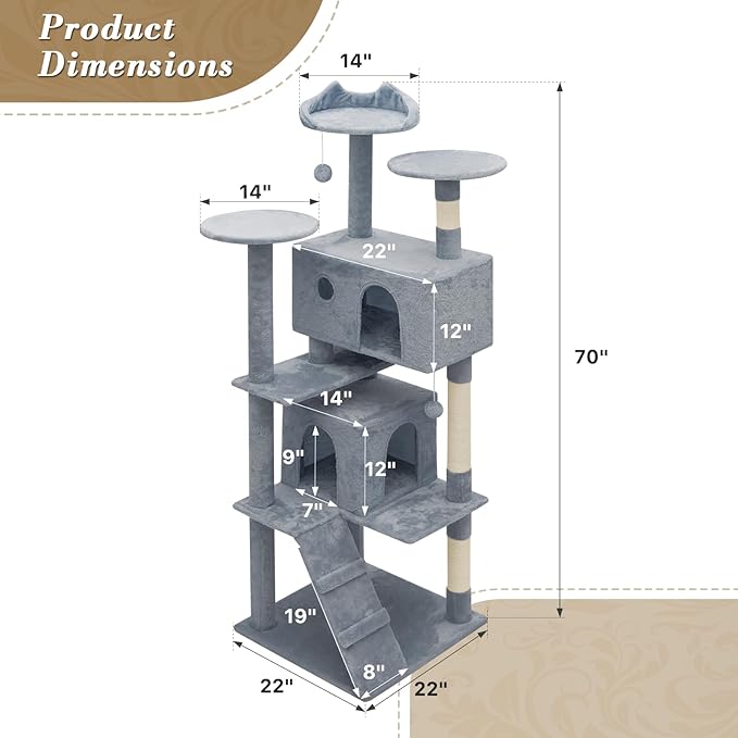 Athena Collection 70 Inch Cat Tree for Indoor Cats, Multi-Level Activity Center With 2 Condos, Scratching Post & Dangling Ball, Tall Climbing Tower, Light Gray