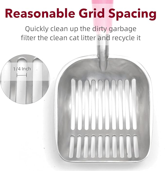 Cat Litter Scoop, Kitty Metal Scooper, Aluminum Alloy Sifter, Kitten Pooper Lifter, Deep Shovel, Long Handle, Poop Sifting, Durable, Heavy Duty, for Litter Box