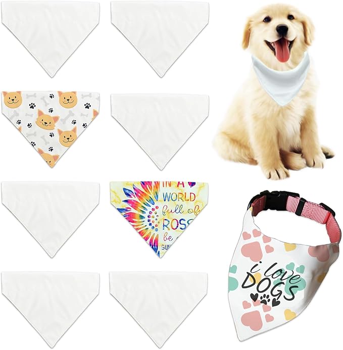 8 Packs Sublimation Blank Dog Bandana Over Collar, Pet Collar Sip-On Bandana Blank Customize White Polyester DIY for Dog Cat Extra Small, Small, Medium & Large (M)