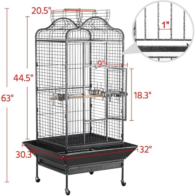 Yaheetech 63'' Bird Cage with Stand Wrought Iron Rolling Open Play Top Large Bird Cage for Mini Macaw African Grey Amazon Parrot