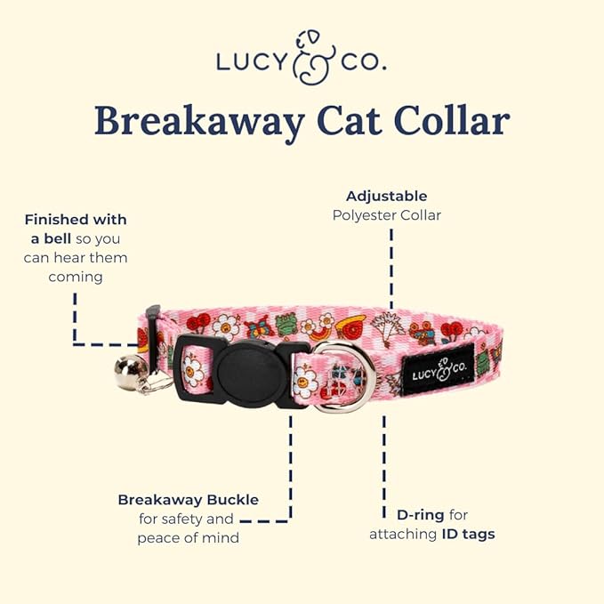 Lucy & Co. Cutie Patootie Breakaway Cat Collar with Bell – Designer Print Adjustable Safety Collar for Cats, Kittens & Small Dogs, Lightweight Pet Collar for Boy & Girl Cats – Large