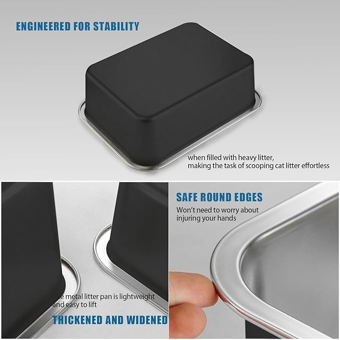 Stainless Steel Cat Litter Box - XL Metal High Sided Cat Pan Tray, Easy to Clean Non Stick Odorless Large Pet Toilet Supplies for Big Cats Kitty Kitten, 23.6 x15.75 x6 Inch, Black