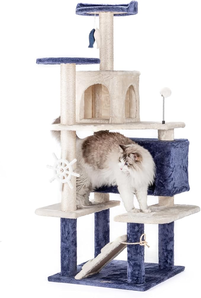 HYABi 53 Inch Ocean Theme Cat Tree Tower, Multi-Level Cat Furniture with Cozy Condo, Scratch Posts, Toy Ball, Luxury Apartment Playhouse for Indoor Cats