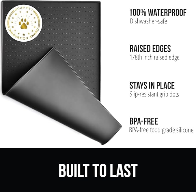 GORILLA GRIP 100% Waterproof Raised Edge BPA Free Silicone Pet Feeding Mat, Dog Cat Food Mats Contain Spills Protects Floors, Placemats for Cats and Dogs Water Bowl, Pets Accessories 32x24 Charcoal