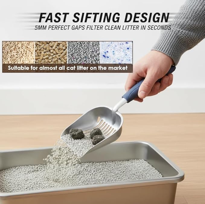 Full Metal Cat Litter Scoop with Holder, Stainless Steel Cat Litter Scooper Holder, Aluminum Kitty Scoop Captures All Clumps, Heavy Duty Kitty Metal Scooper with Non-Slip Handle