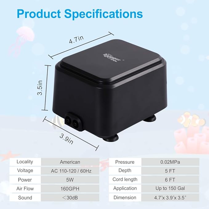 hygger Quiet <30dB Aquarium Air Pump, Adjustable Low Decibel Oxygen Fish Tank Pump 2 Air Outlets Ultra Silent Powerful Aerator Pump with Accessories Max 80GPH/160GPH/255GPH(5W, Up to 150Gallon)