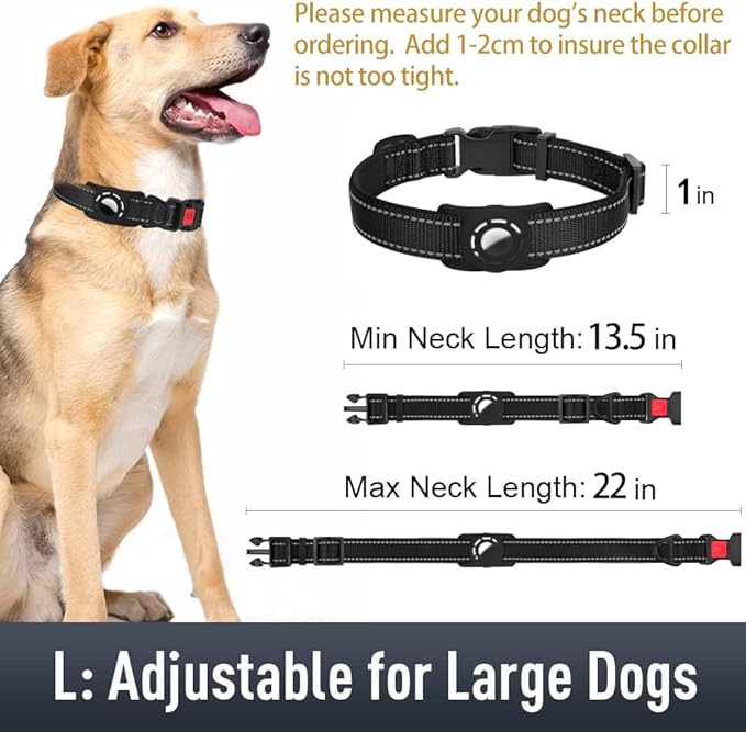 Airtag Dog Collar with AirTag Holder for Large Dogs, Reflective, Soft Padded & Safety Locking Buckle, Nylon Pet Collars Adjustable for All Breeds, Black,L