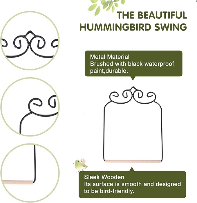 3PK Metal Frame Hummingbird Swings and Perches with Wooden Dowel Black Bird Swing Outdoor Bird Perch Humming Bird Swing (3PK)