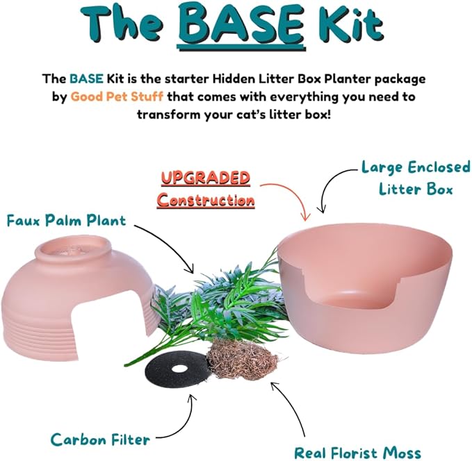 Good Pet Stuff Hidden Litter Box Planter, Decorative Cat Litter Enclosure with Carbon Filter, Artificial Plant, Easy Clean, Improved Design, Round Style, Base Kit, Blush Pink
