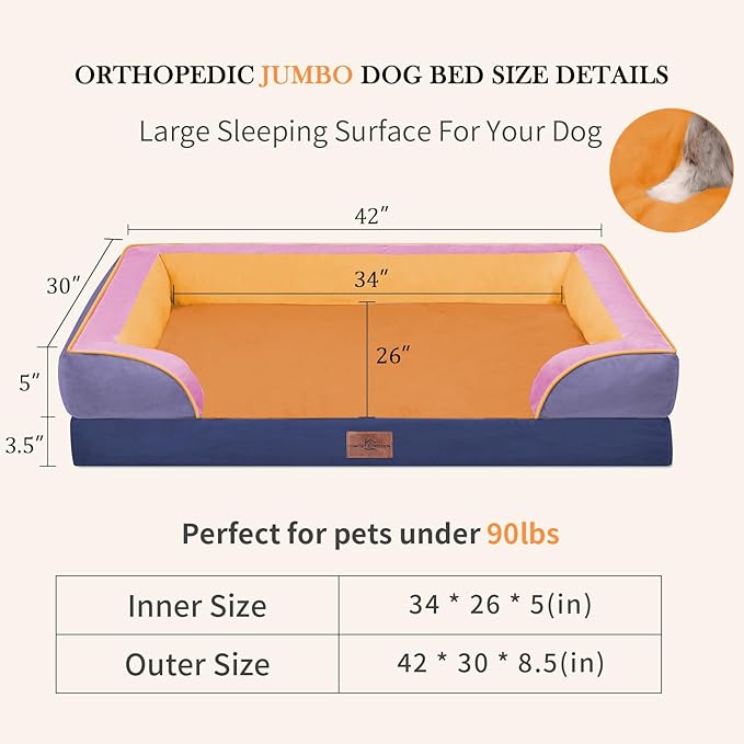Comfort Expression Orthopedic Dog Bed for Extra Large Dogs 42x30 Inch, Waterproof Egg Crate Foam XL Pet Bed with Removable Bolsters, Dog Couch with Washable Cover & Non-Slip Bottom, Orange Breeze