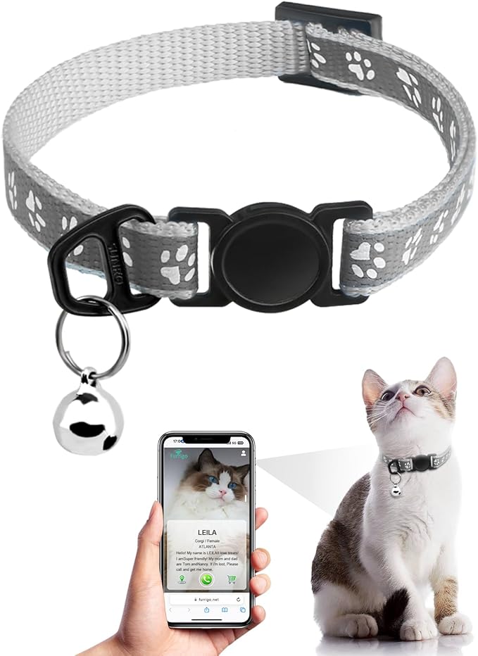 Cat Collar Breakaway with QR Code Name Tag, Reflective Kitten Collars with Bell, Cat ID Tag Personalized, Ultra-Durable, Adjustable, Quick Release, Fits Most Girl Boy Small Large Cats (Grey,8-13.3'')