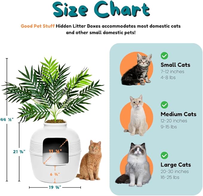 Good Pet Stuff Hidden Litter Box Planter, Decorative Cat Litter Enclosure with Carbon Filter, Artificial Plant, Easy Clean, Removable Liner, Round Style, Essentials Kit, Classic White