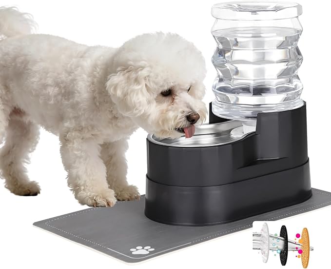 RIZZARI Automatic Cat Water Dispenser: Large 5L Black with Stainless Steel Bowl - Spill-Proof Design - Extra-Wide Elevated Feeder - Eases Drinking for Senior Dogs with Joint/Spine Issues - Home Use