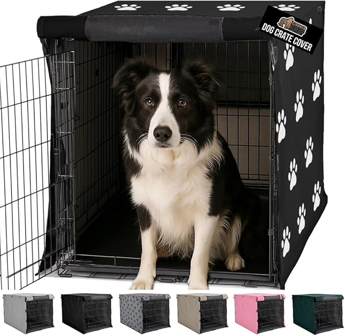 GORILLA GRIP Dog Crate Covers Compatible with Amazon Basics Crates, All Sides Open, Privacy Cover Fits 36" Wire Kennel, Breathable Mesh Windows, Light Reducing Puppy Training Cage Topper, Black Paw