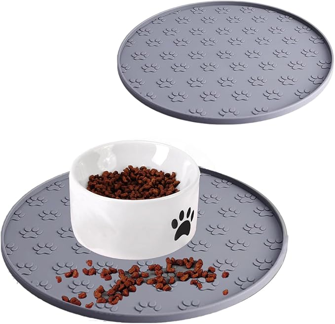Dog Food Mats - Waterproof Silicone Dog Mat for Food and Water, Pet Food Mat with Edges, Nonslip Pet Feeding Mat for Protecting Floors (2Pack Grey)