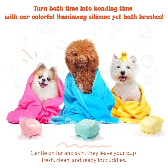 HamInWay Dog Bath Brush, 2-in-1 Dog Brush for Grooming with Built-in Shampoo Dispenser, Gentle Silicone Bristles for Bath & Massage,Easy Clean Design for Dog, Cats & Small Pets, Pink