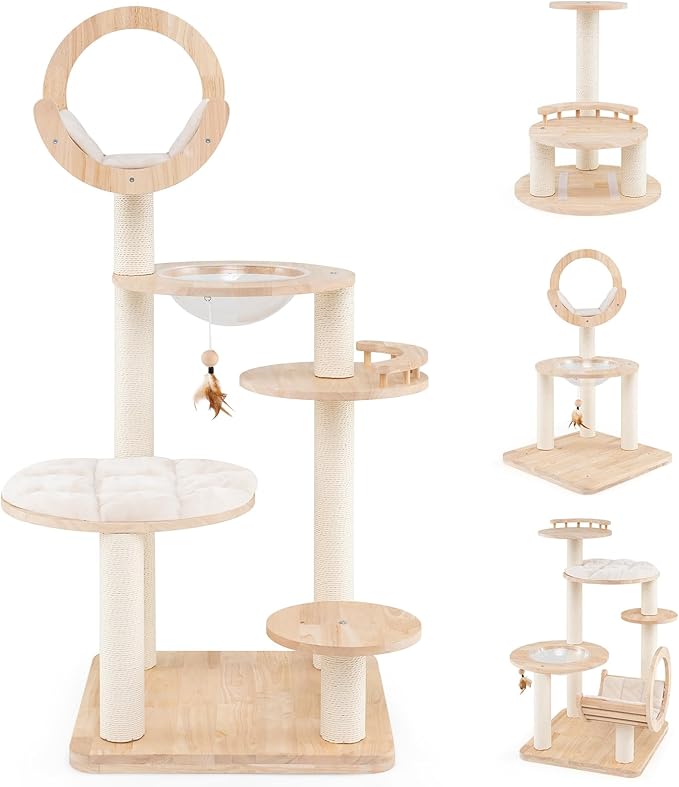 Nightcore 57” Tall Solid Wood Cat Tree for Indoor Cats, Building Block Kitten Tower w/Perch, Scratching Posts, Washable Cushions, 4 Install Options, Multi-Level Cat Activity Center Climbing Furniture