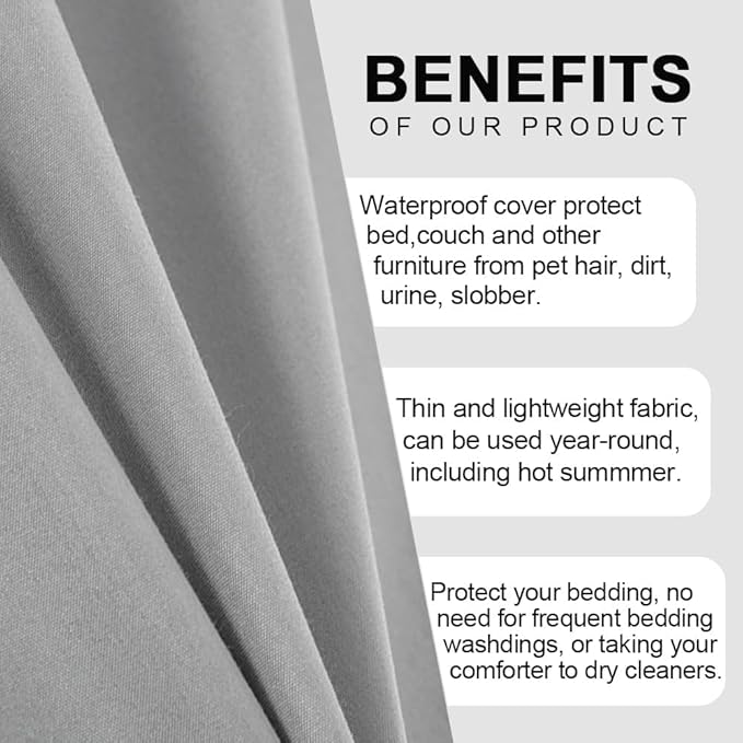DUJUIKE Waterproof Bed Cover for Dog and Cats,Pet Hair Resistant Bed Sheet Cover, Protective Bed Liner Cover with 100% Waterproof Breathable Thin Fabric (Grey, Super King 90 * 118 inch)