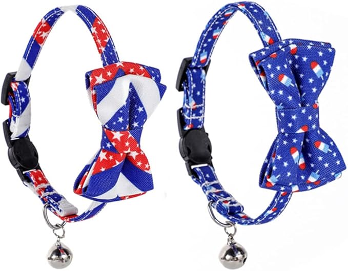2-Pack Breakaway Cat Collars with Removable Double-Layer Bow Tie and Bell for Boy and Girl Cats Safety Kitten Collars Suitable for Festivals and Daily. (Independence Day 2)