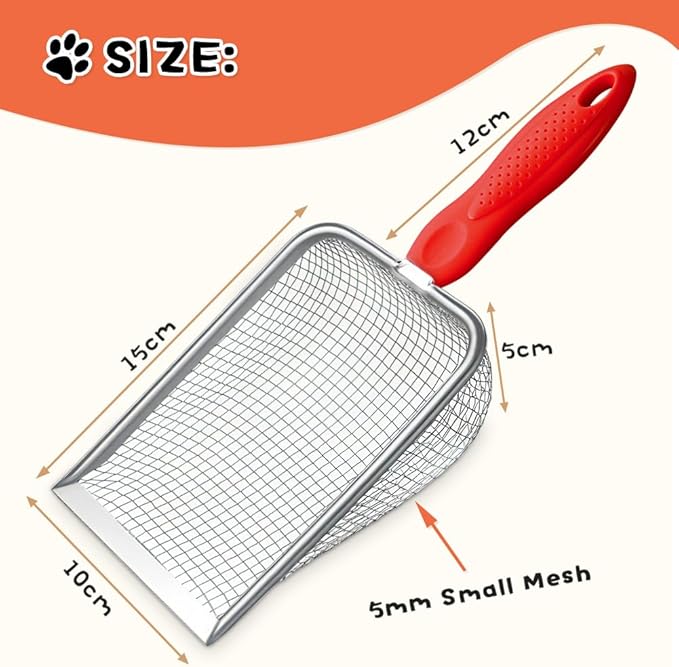 Cat Litter Scoop,Sturdy Litter Cleaner Corner Shovel,Stainless Steel Mesh Litter Shovel,Easy to Clean Reptile Terrarium Sand Waste,Beach Shovel(Red)