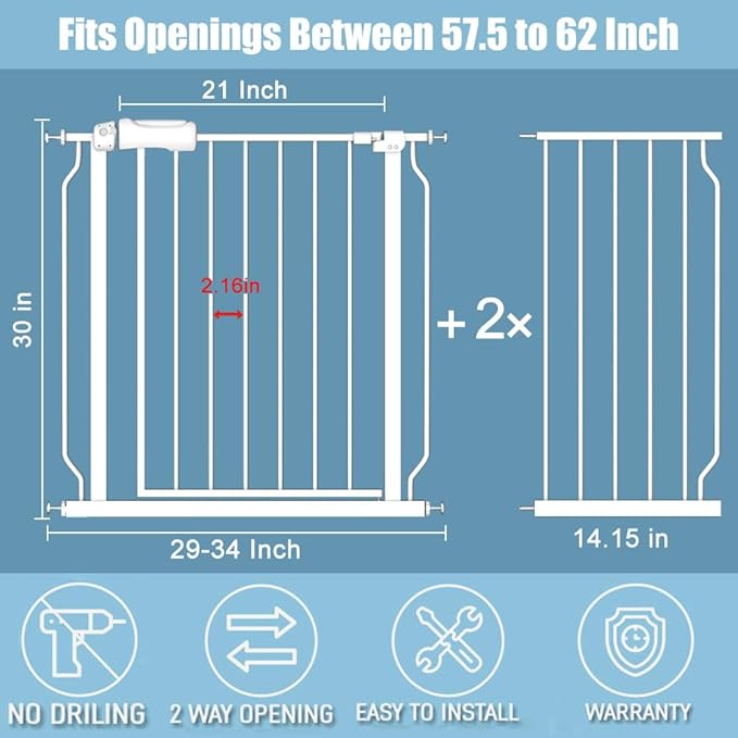 57.5-62" Extra Wide Baby Gate for Doorways,30" Tall Double Lock Mechanism Metal Dog Gate Pressure Mount，Automatic Closing Child Safety Gate,White