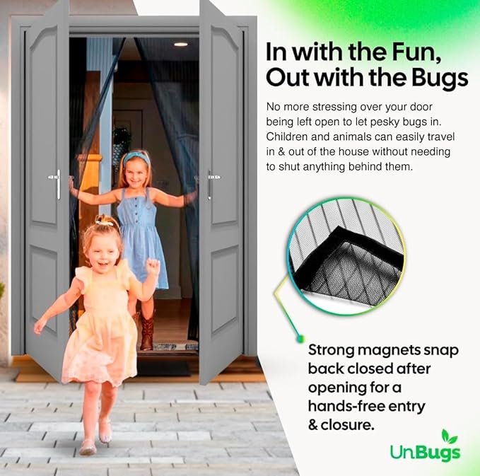 UnBugs Magnetic Screen Door - Fits Patio Door & Sliding Doors up to 72 x 80 Inches MAX - Pet & Kid Friendly, Self-Closing - Hands Free Magnet Closure Keeps Bugs Out & Breeze in