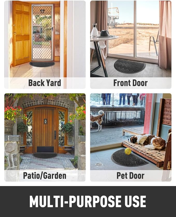 tchdio Door Mat Outdoor Indoor Entrance Doormat-Semicircular Durable Rubber Non Slip Front Door Mat for Outside Inside Entry Entryway Dirt Trapper Mat for Muddy Paws and Shoes-Black 17”x30”